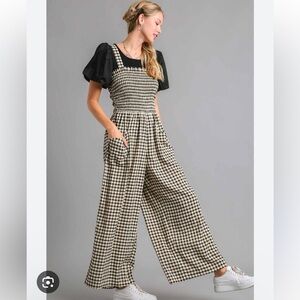 Black and White Smocked Gingham Jumpsuit